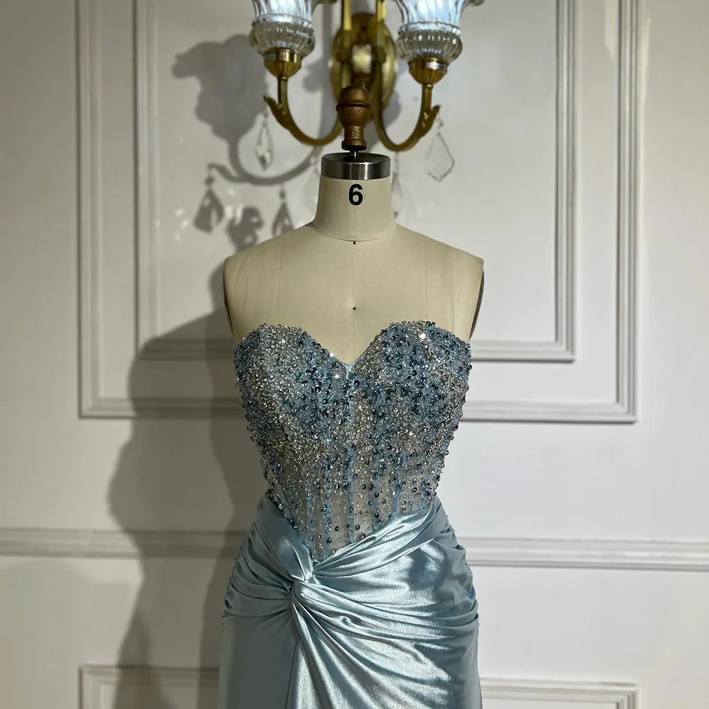 Luxury Dubai Lilac Split Strapless Mermaid Beaded Arabic Evening Dresses Gowns for Women Wedding Party 2025 LA72329