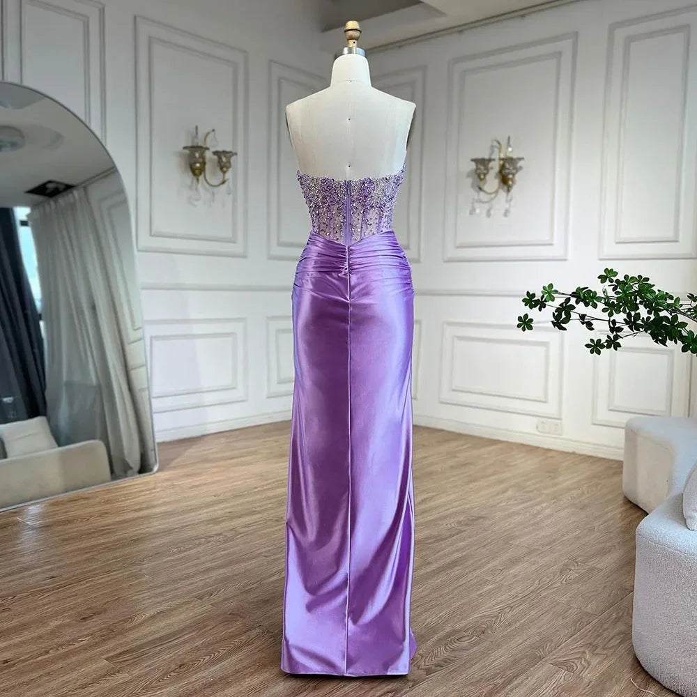 Luxury Dubai Lilac Split Strapless Mermaid Beaded Arabic Evening Dresses Gowns for Women Wedding Party 2025 LA72329