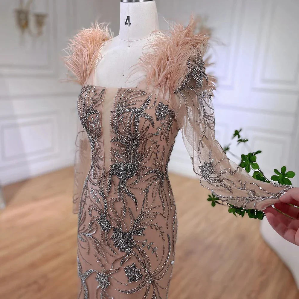 Luxury Dubai Nude One Shoulder Beaded Feathers Mermaid Evening Dresses Gowns for Women Wedding Party Gown LA72508