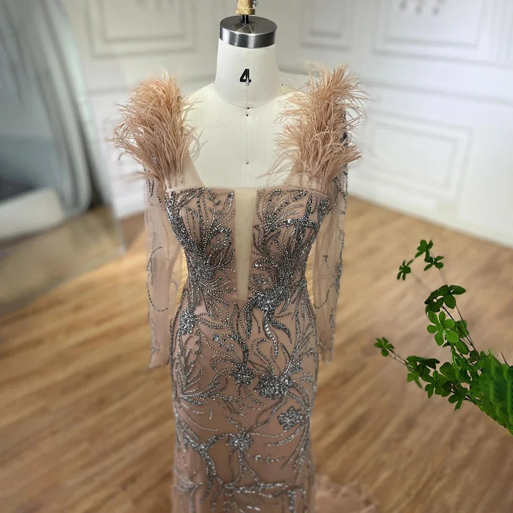 Luxury Dubai Nude One Shoulder Beaded Feathers Mermaid Evening Dresses Gowns for Women Wedding Party Gown LA72508