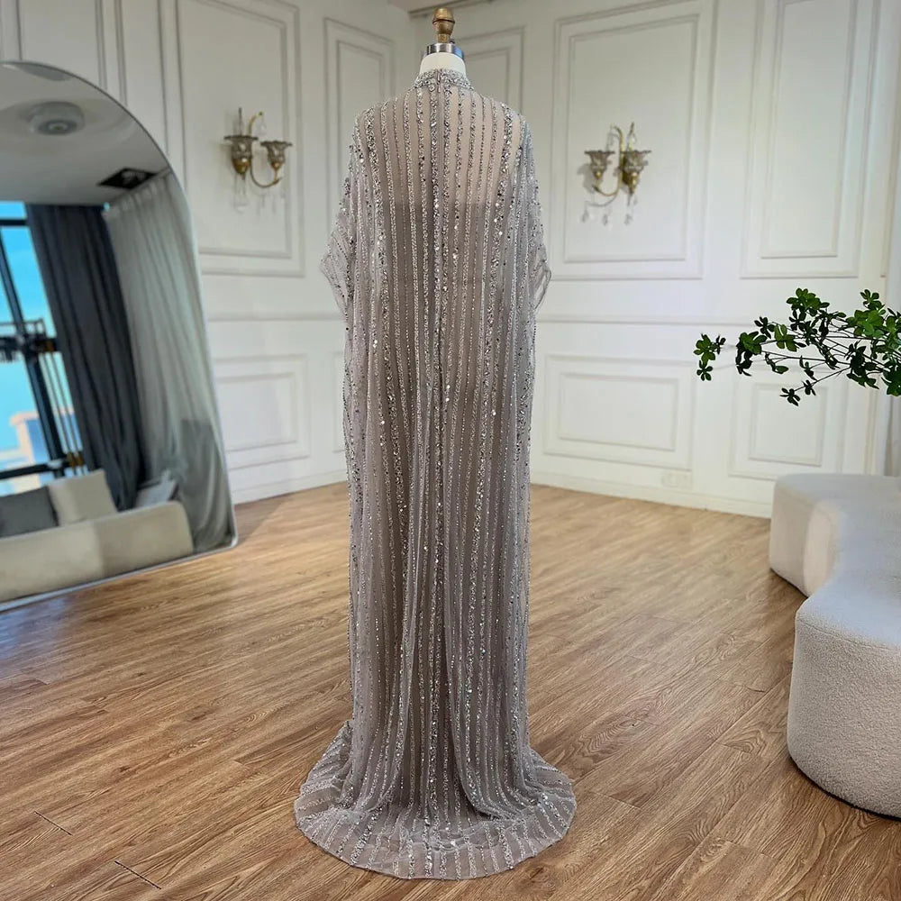 Luxus Dubai Silber Nude Cape Meerjungfrau Arabisch Perlen Abendkleid Damen Party 2025 LA72484