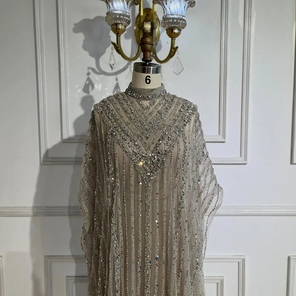 Luxus Dubai Silber Nude Cape Meerjungfrau Arabisch Perlen Abendkleid Damen Party 2025 LA72484