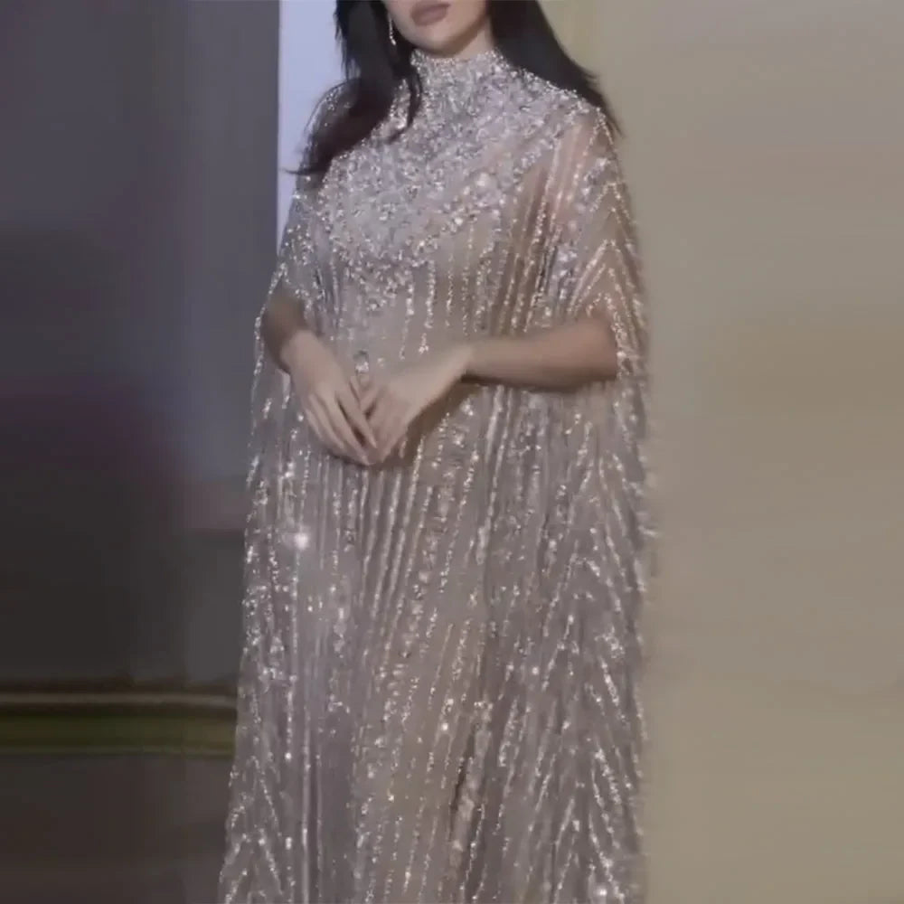 Luxus Dubai Silber Nude Cape Meerjungfrau Arabisch Perlen Abendkleid Damen Party 2025 LA72484