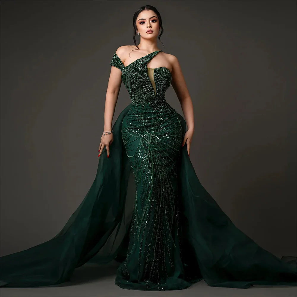 Luxury Emerald Green Evening Dress with Overskirt Elegant One Shoulder