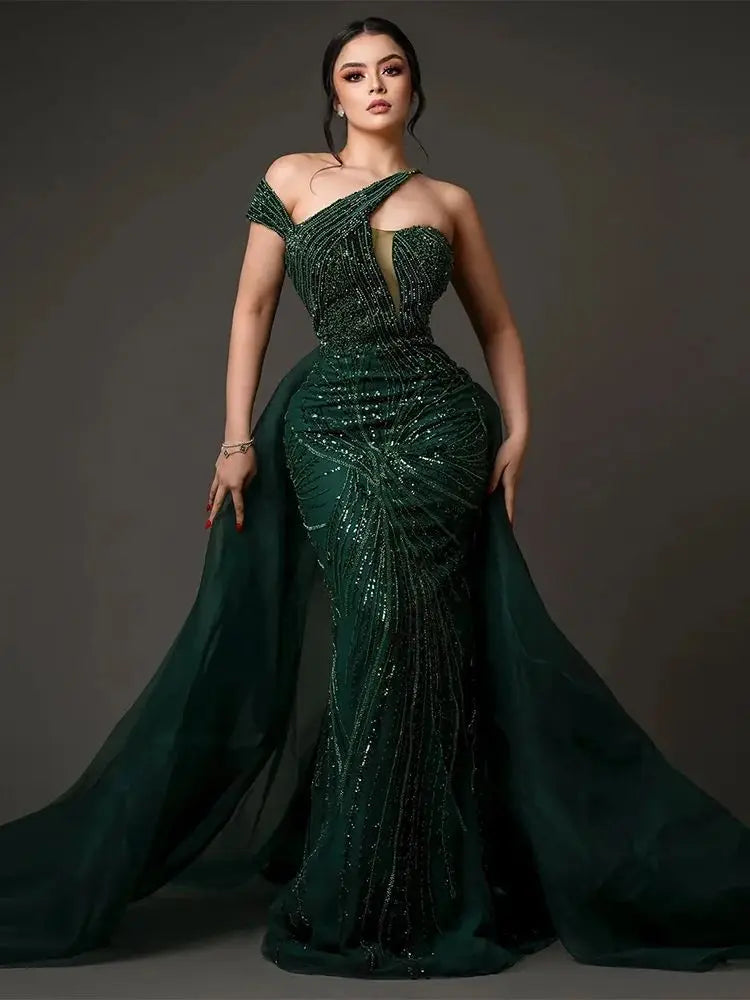 Luxury Emerald Green Evening Dress with Overskirt Elegant One Shoulder Women Wedding Party Formal Gowns LA72474