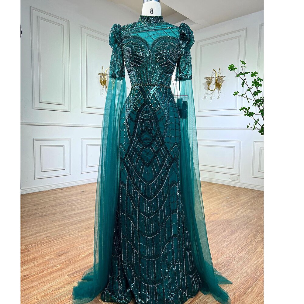 Luxury Emerald Green Evening Dresses with Cape Sleeves 2025 Elegant Women Wedding Party Gowns LA72077