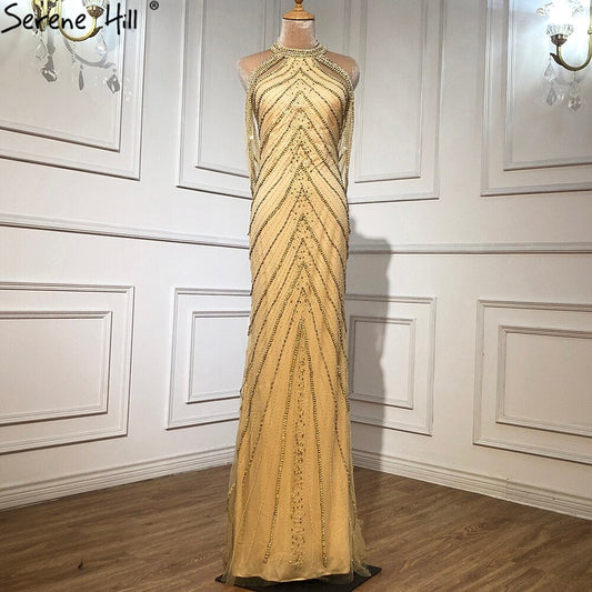 Verkauf Luxus Gold Meerjungfrau Abendkleider Kleider 2025 Perlen Elegante Sexy Für Frauen Party LA70998