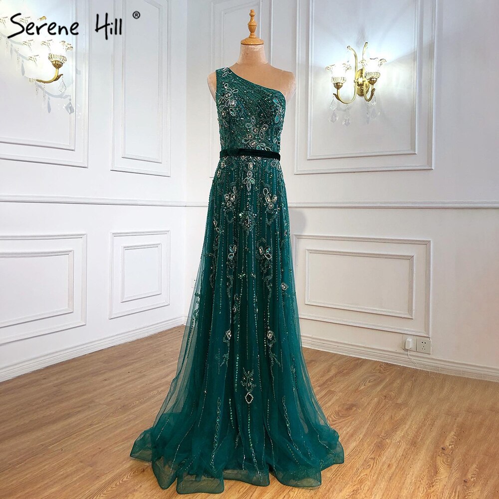 Vestidos de noche verdes de lujo, corte A, 2025, sexys, de un solo hombro y con cuentas, para mujer, fiesta, LA70921