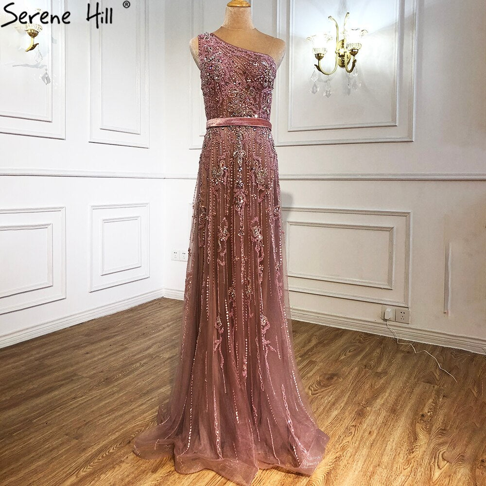 Vestidos de noche verdes de lujo, corte A, 2025, sexys, de un solo hombro y con cuentas, para mujer, fiesta, LA70921