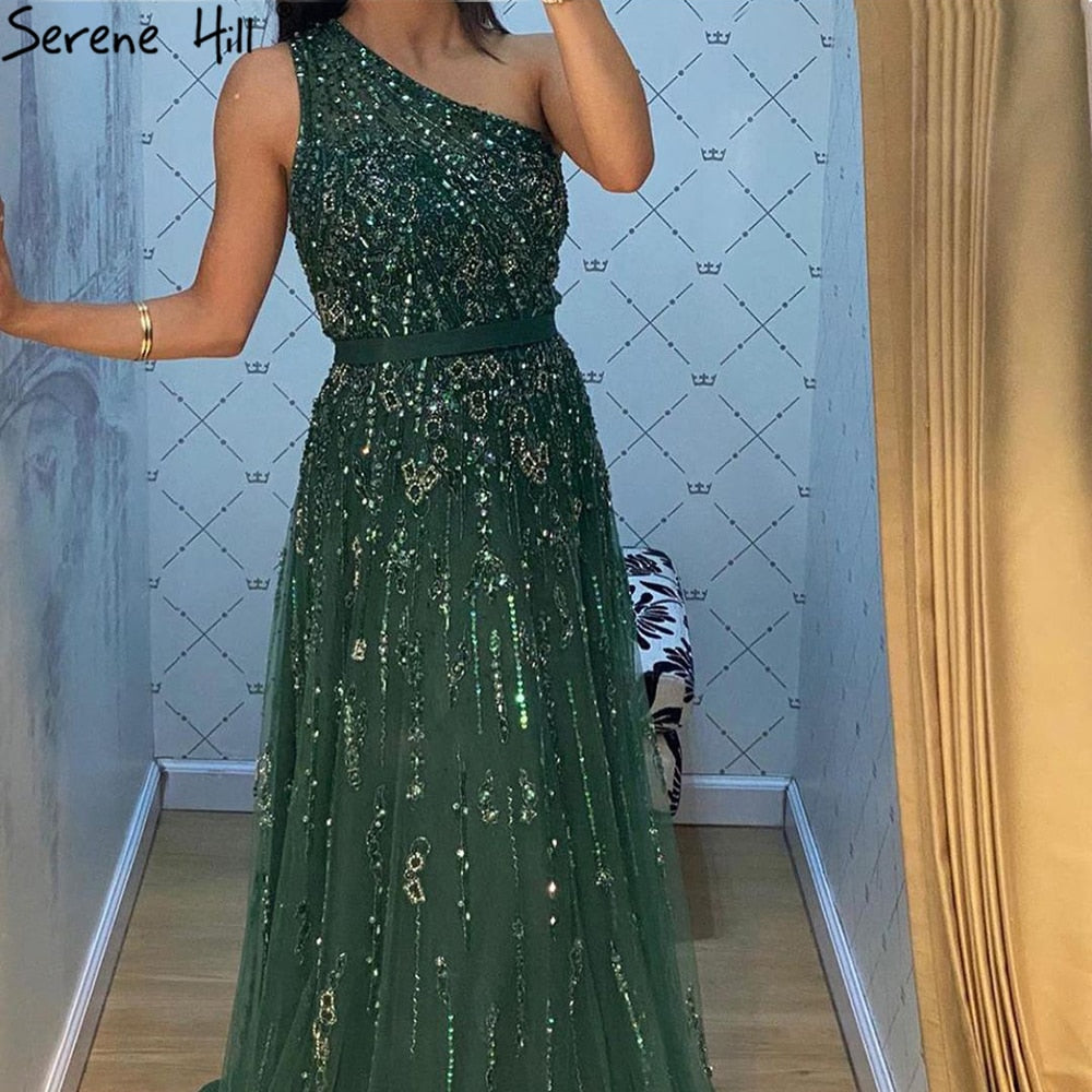 Vestidos de noche verdes de lujo, corte A, 2025, sexys, de un solo hombro y con cuentas, para mujer, fiesta, LA70921
