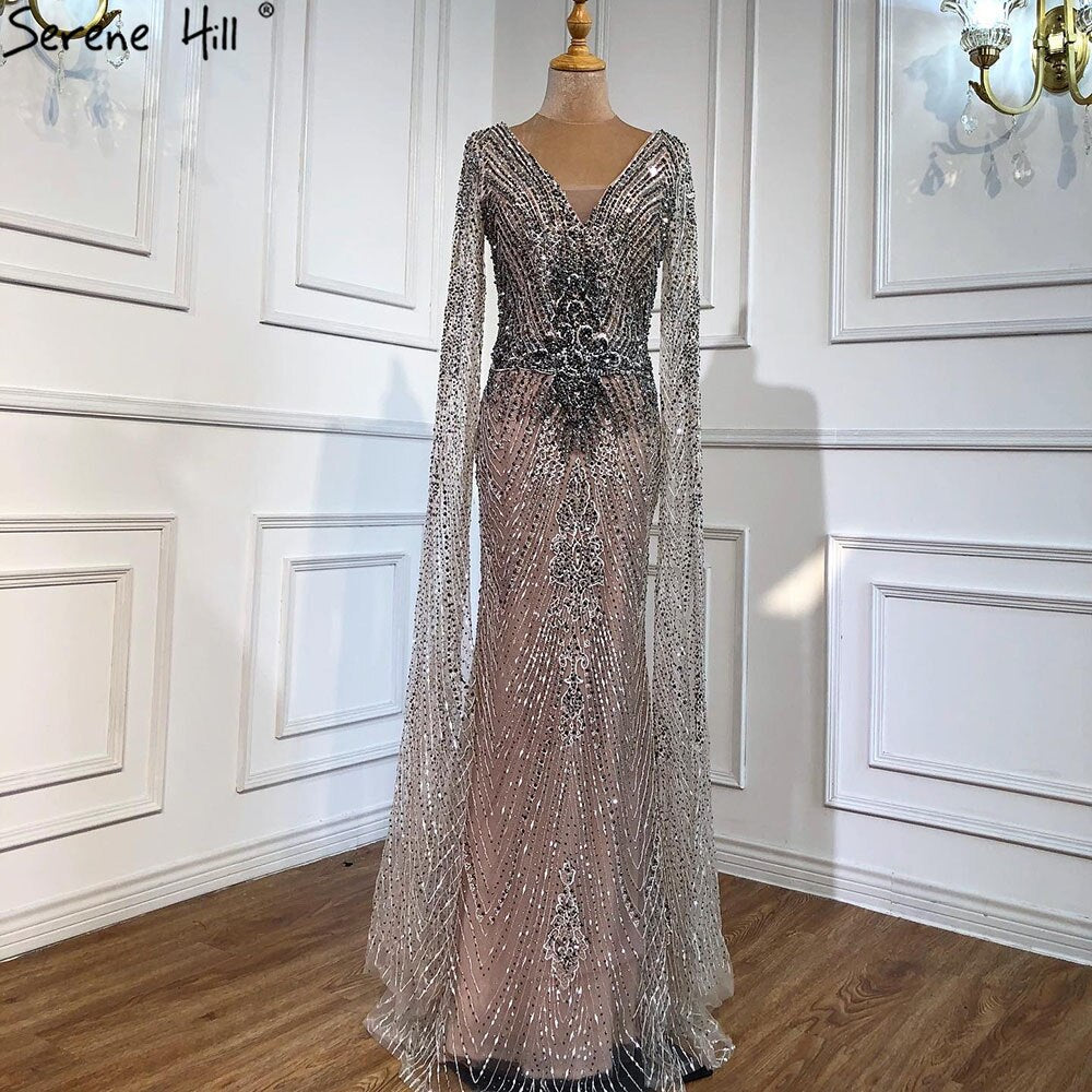 Luxury Grey Lace Elegant Mermaid Evening Dresses Gowns 2025 Cape Sleeves Sexy For Women Party LA70857
