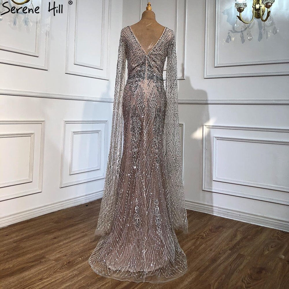 Luxury Grey Lace Elegant Mermaid Evening Dresses Gowns 2025 Cape Sleeves Sexy For Women Party LA70857