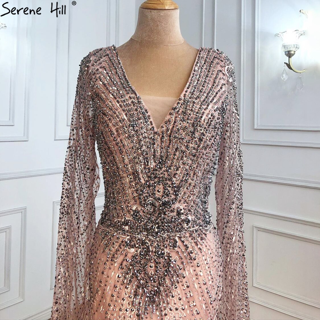 Luxury Grey Lace Elegant Mermaid Evening Dresses Gowns 2025 Cape Sleeves Sexy For Women Party LA70857