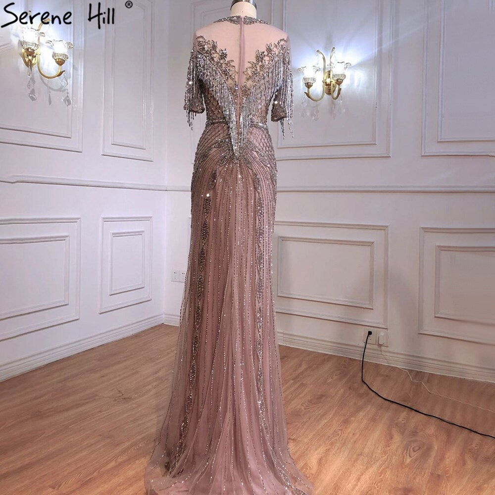 Luxury Grey Mermaid Evening Dresses Gowns 2025 Half Sleeves Beading Tassel Elegant For Women Party LA70966