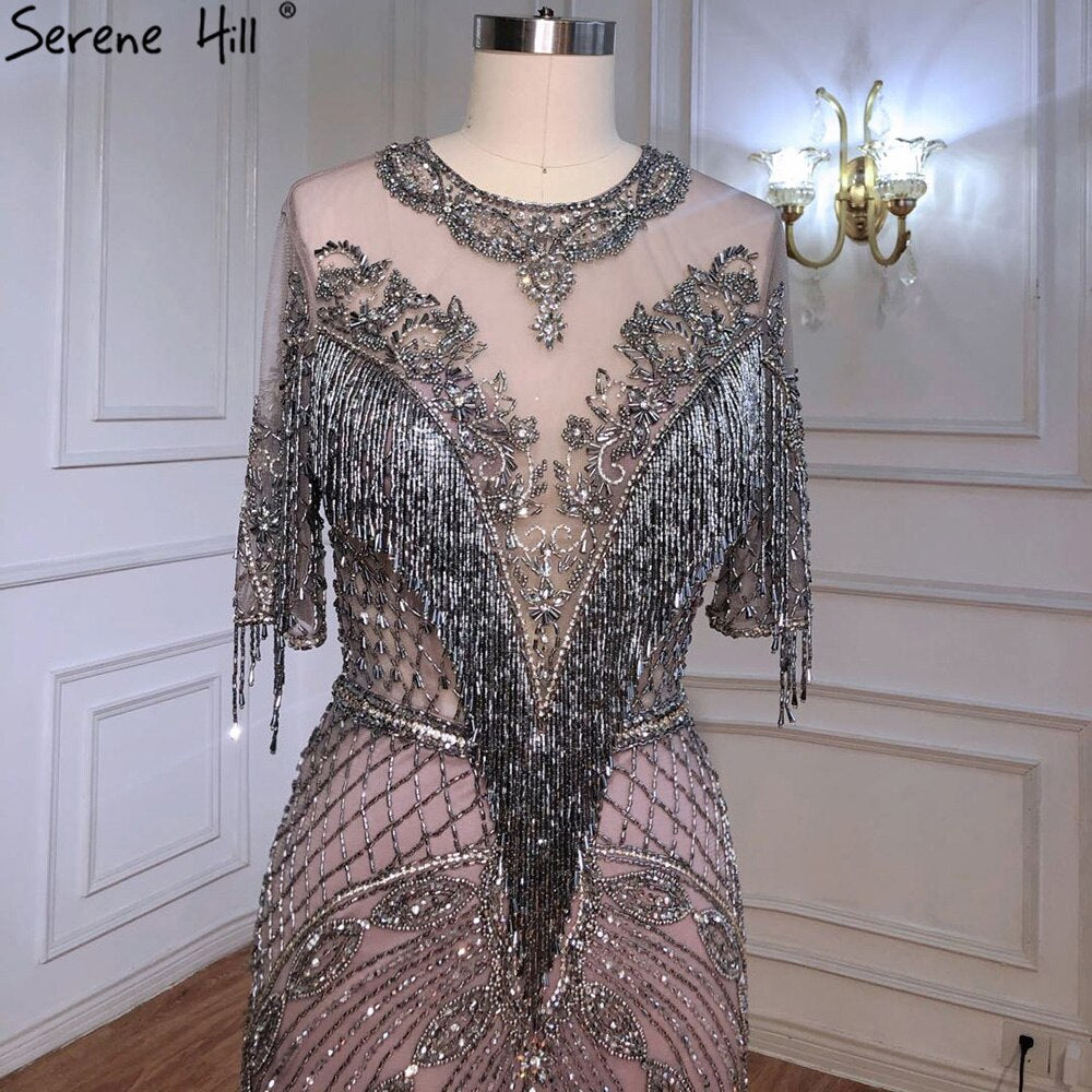 Luxury Grey Mermaid Evening Dresses Gowns 2025 Half Sleeves Beading Tassel Elegant For Women Party LA70966