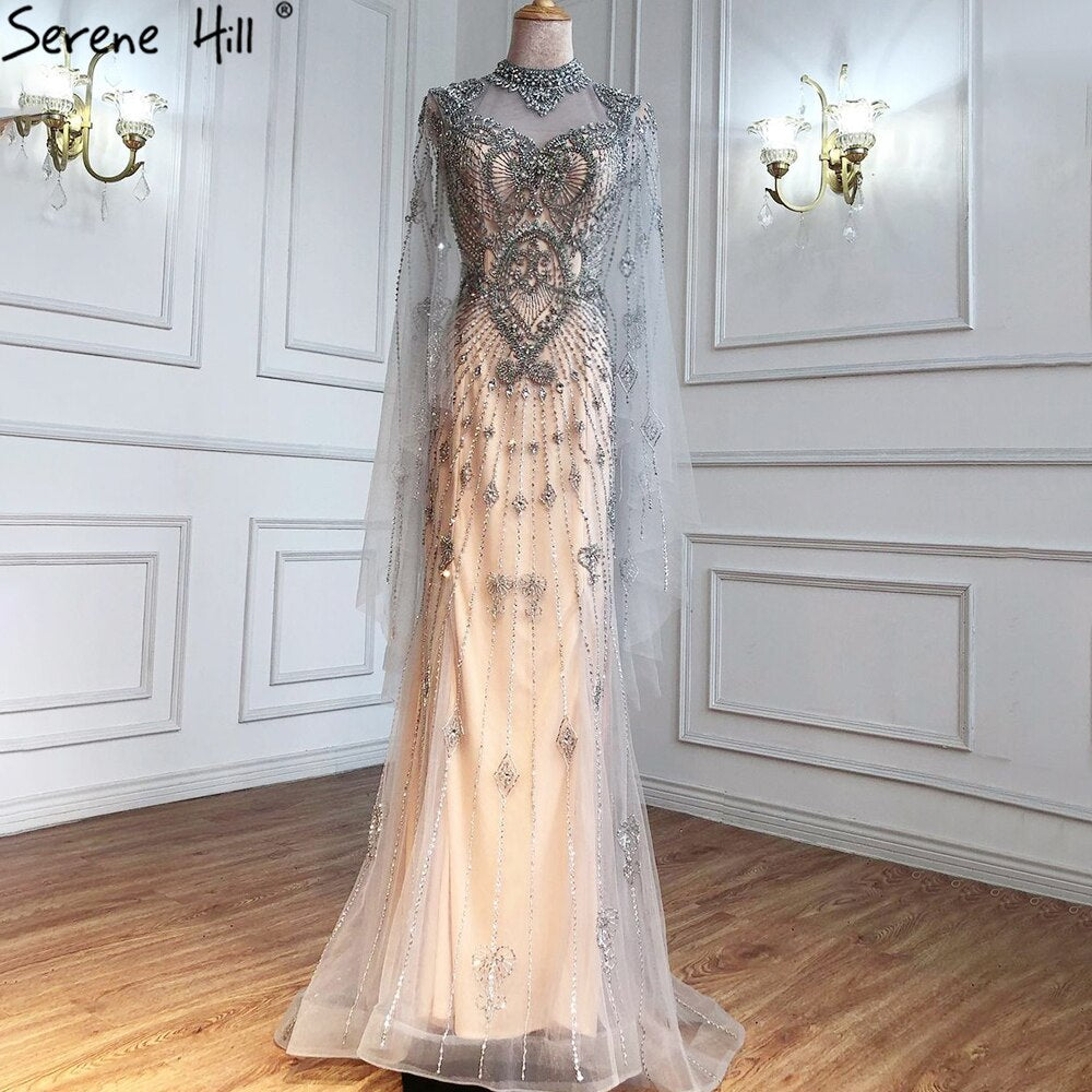 Luxury Grey Nude Cape Sleeves Evening Dresses Gowns 2025 Beaded Mermaid Elegant Sexy For Woman Party LA71187