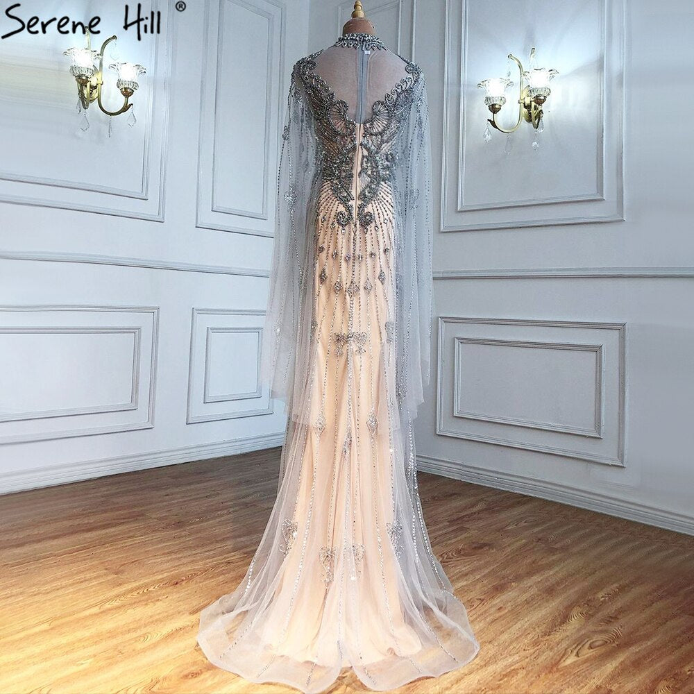 Luxury Grey Nude Cape Sleeves Evening Dresses Gowns 2025 Beaded Mermaid Elegant Sexy For Woman Party LA71187
