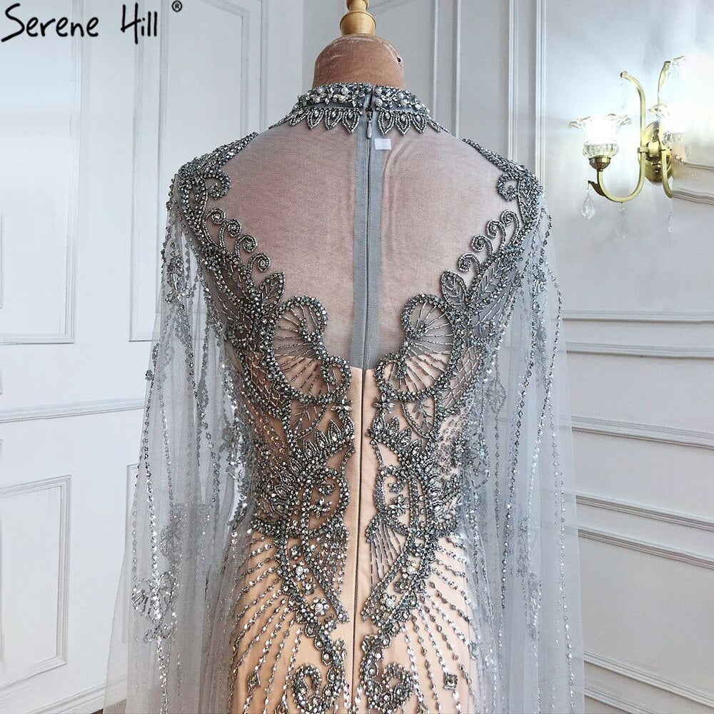 Luxury Grey Nude Cape Sleeves Evening Dresses Gowns 2025 Beaded Mermaid Elegant Sexy For Woman Party LA71187