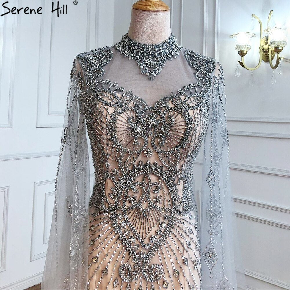 Luxury Grey Nude Cape Sleeves Evening Dresses Gowns 2025 Beaded Mermaid Elegant Sexy For Woman Party LA71187