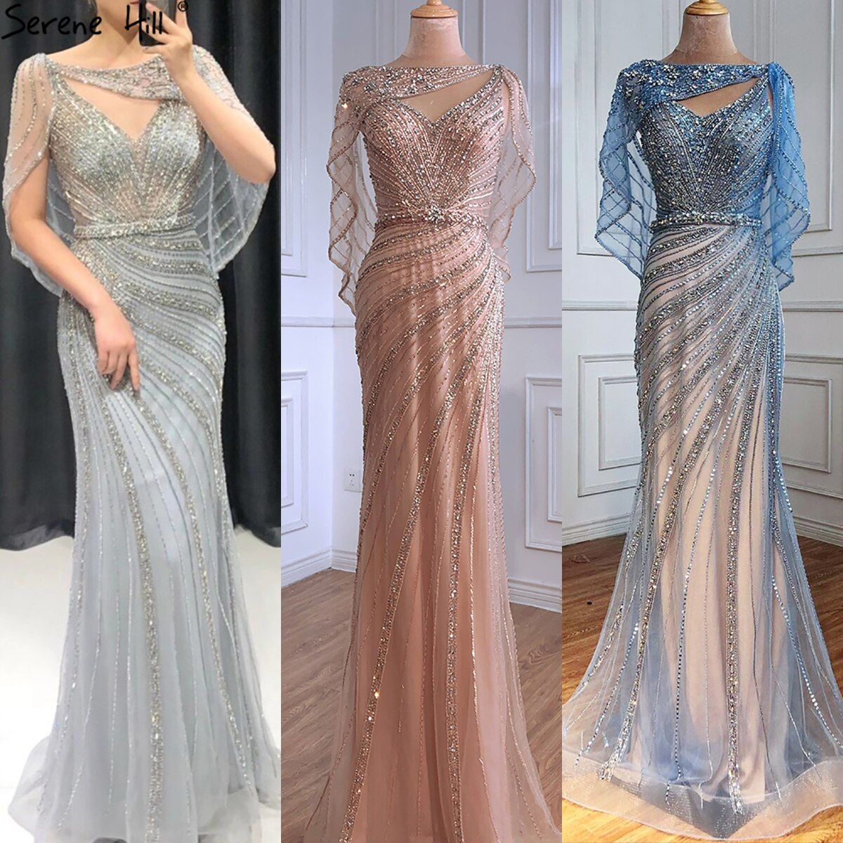 Luxuriöses Champagner-Dubai-Meerjungfrauen-Abendkleid mit Cape LA70910
