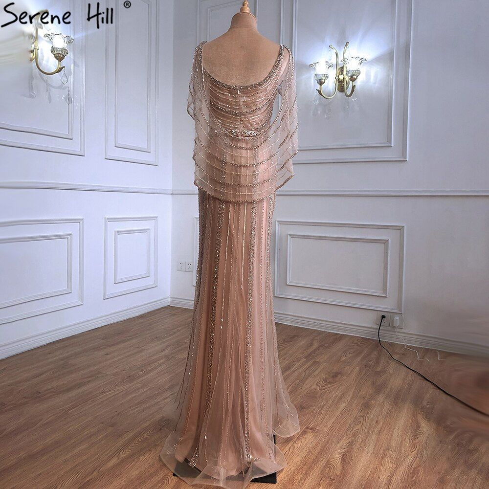 Luxuriöses Champagner-Dubai-Meerjungfrauen-Abendkleid mit Cape LA70910