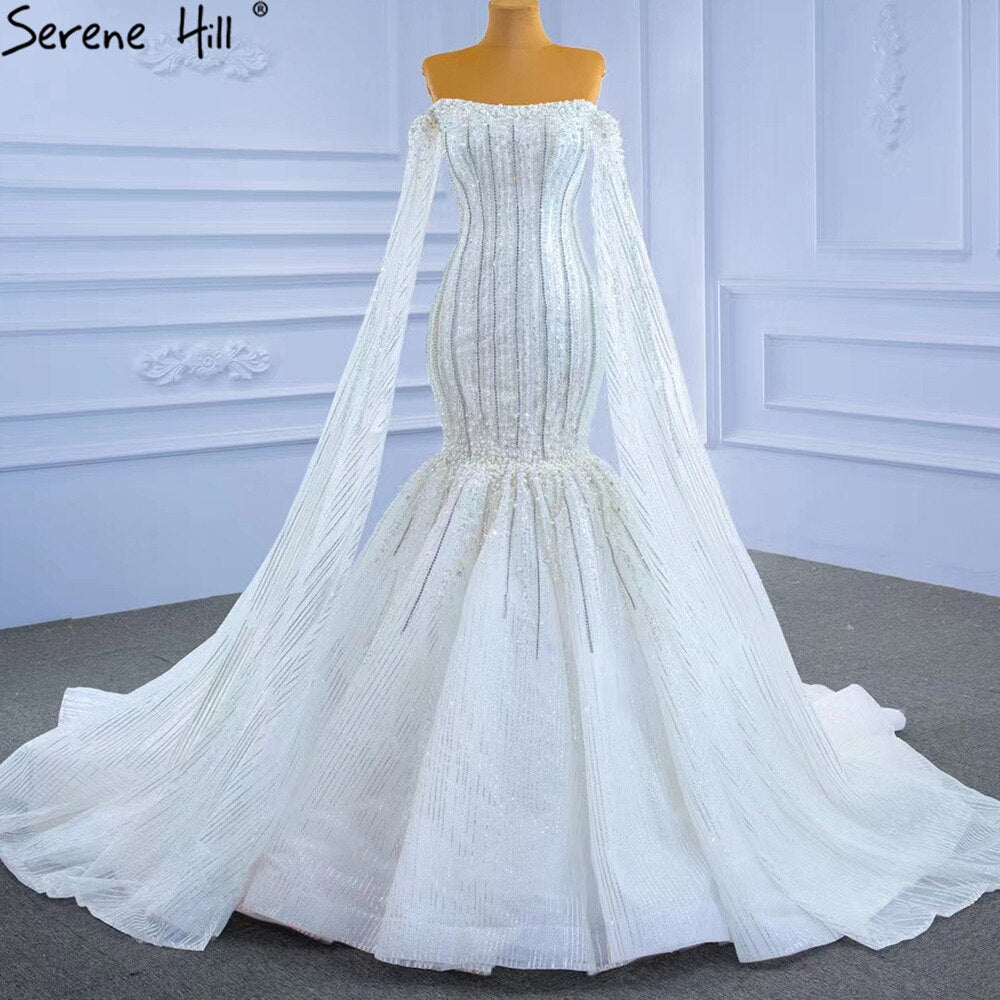 Luxury Mermaid White Wedding Dresses 2025 Cape Sleeves Beaded Pearls Bride Gowns HM67278 Custom Made