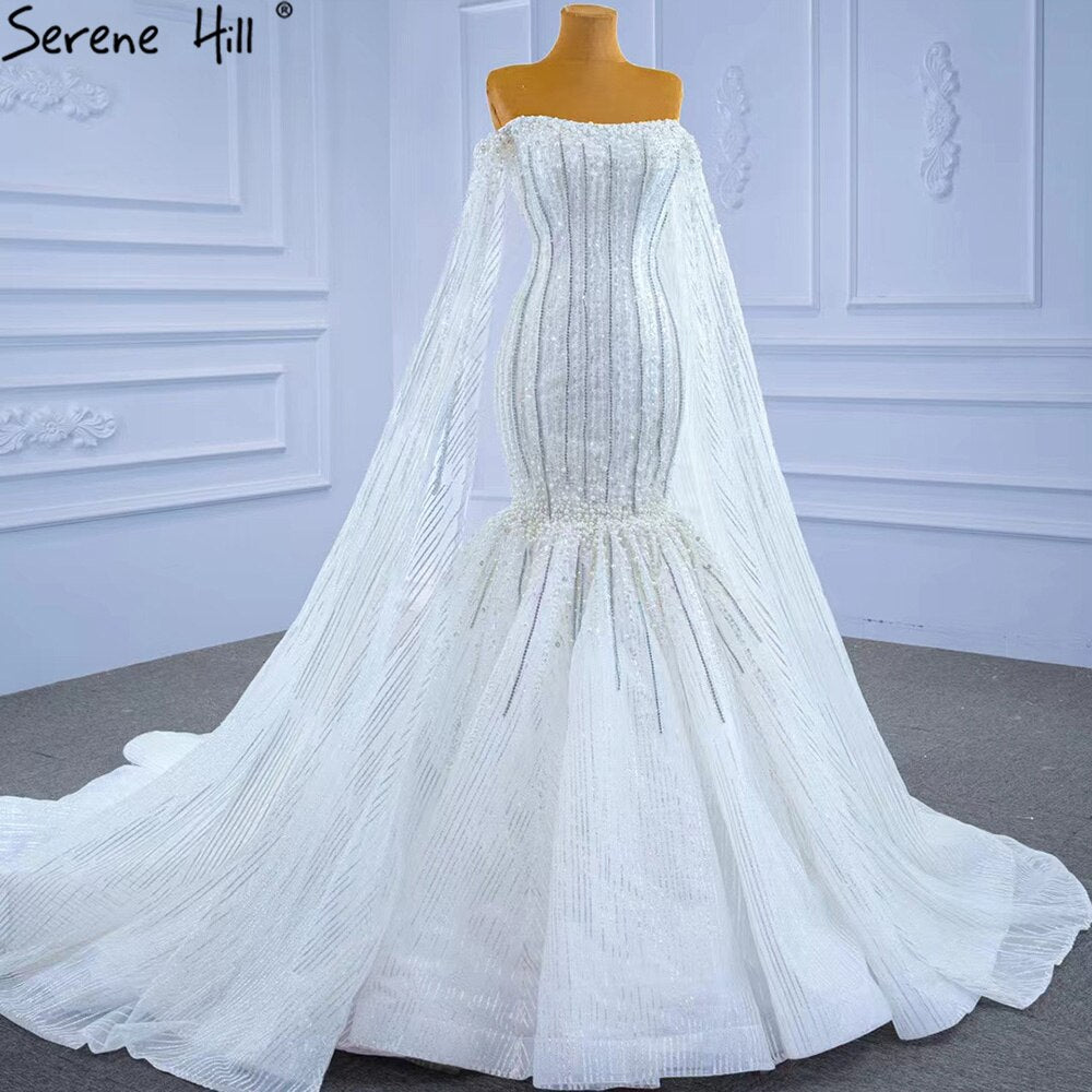 Luxury Mermaid White Wedding Dresses 2025 Cape Sleeves Beaded Pearls Bride Gowns HM67278 Custom Made