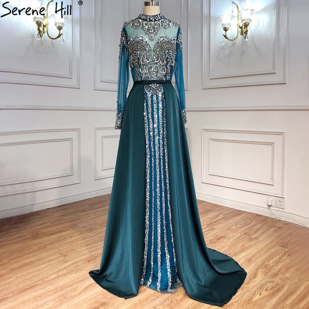 Luxury Muslim Black With Overskirt Mermaid Long Elegant Evening Gowns Dresses For Woman LA71011