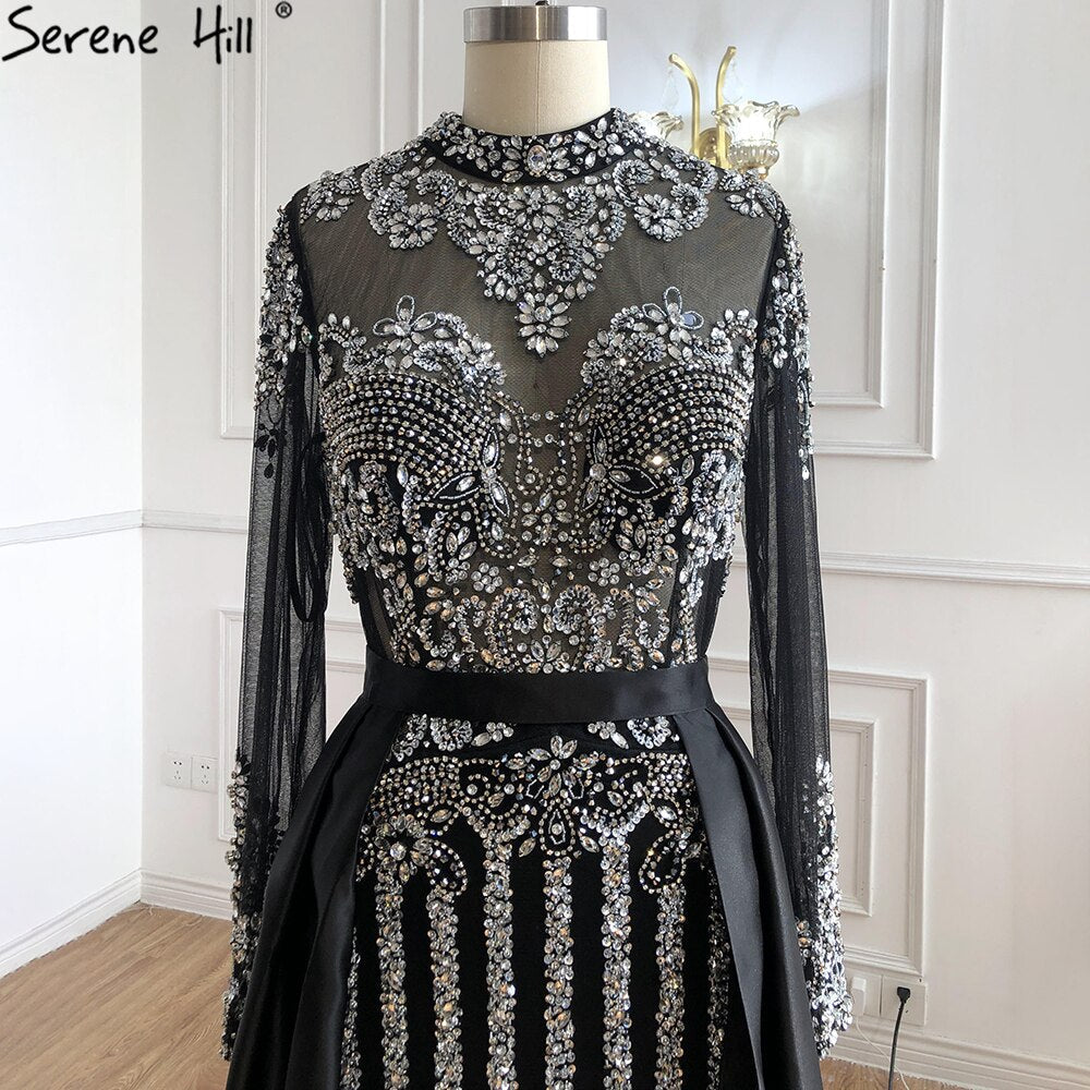 Luxury Muslim Black With Overskirt Mermaid Long Elegant Evening Gowns Dresses For Woman LA71011