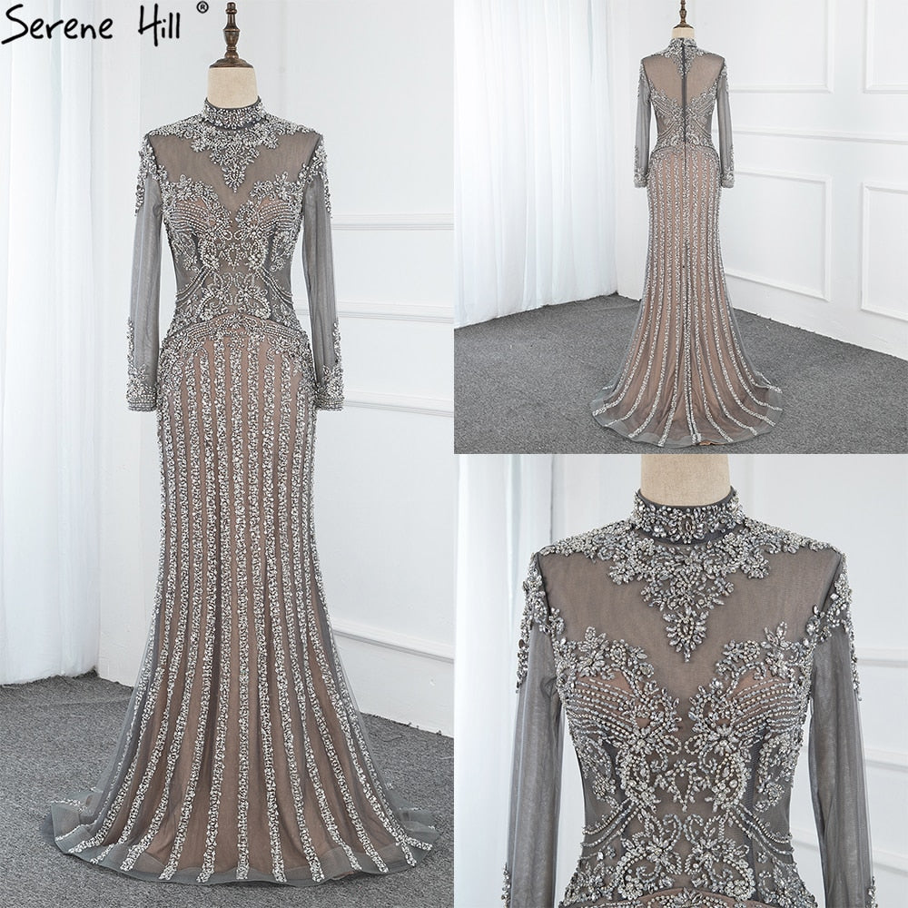 Vestido de noche largo y elegante de sirena, de lujo, color gris musulmán, con cola desmontable, para mujer LA70199