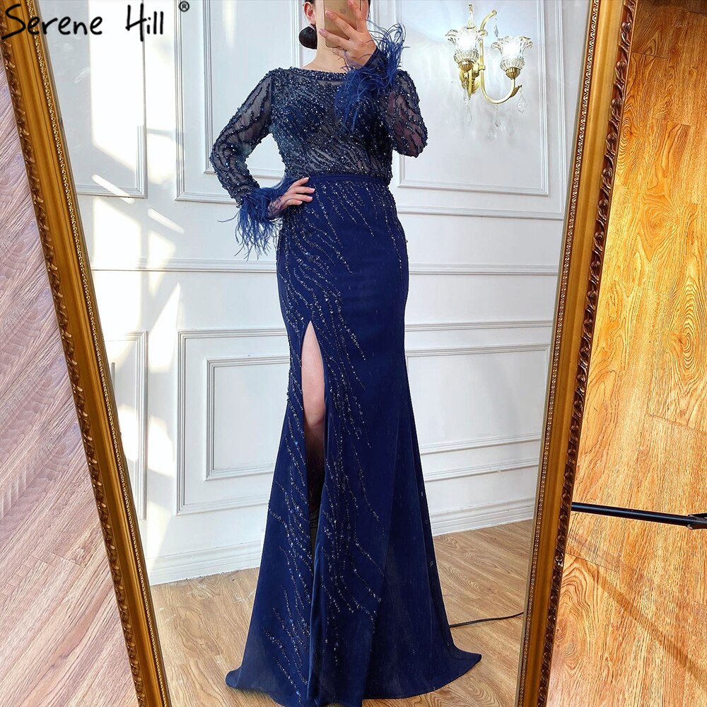 Luxury Muslim Navy Blue Evening Dresses Gowns 2025 Elegant Meramaid Beading Feathers For Women Party LA70978
