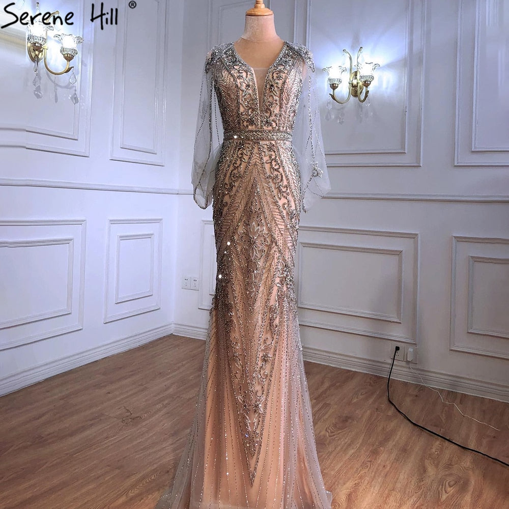 Luxury Nude Silver Evening Dresses Gowns 2025 Sexy Mermaid Beading Elegant For Women Party LA70905