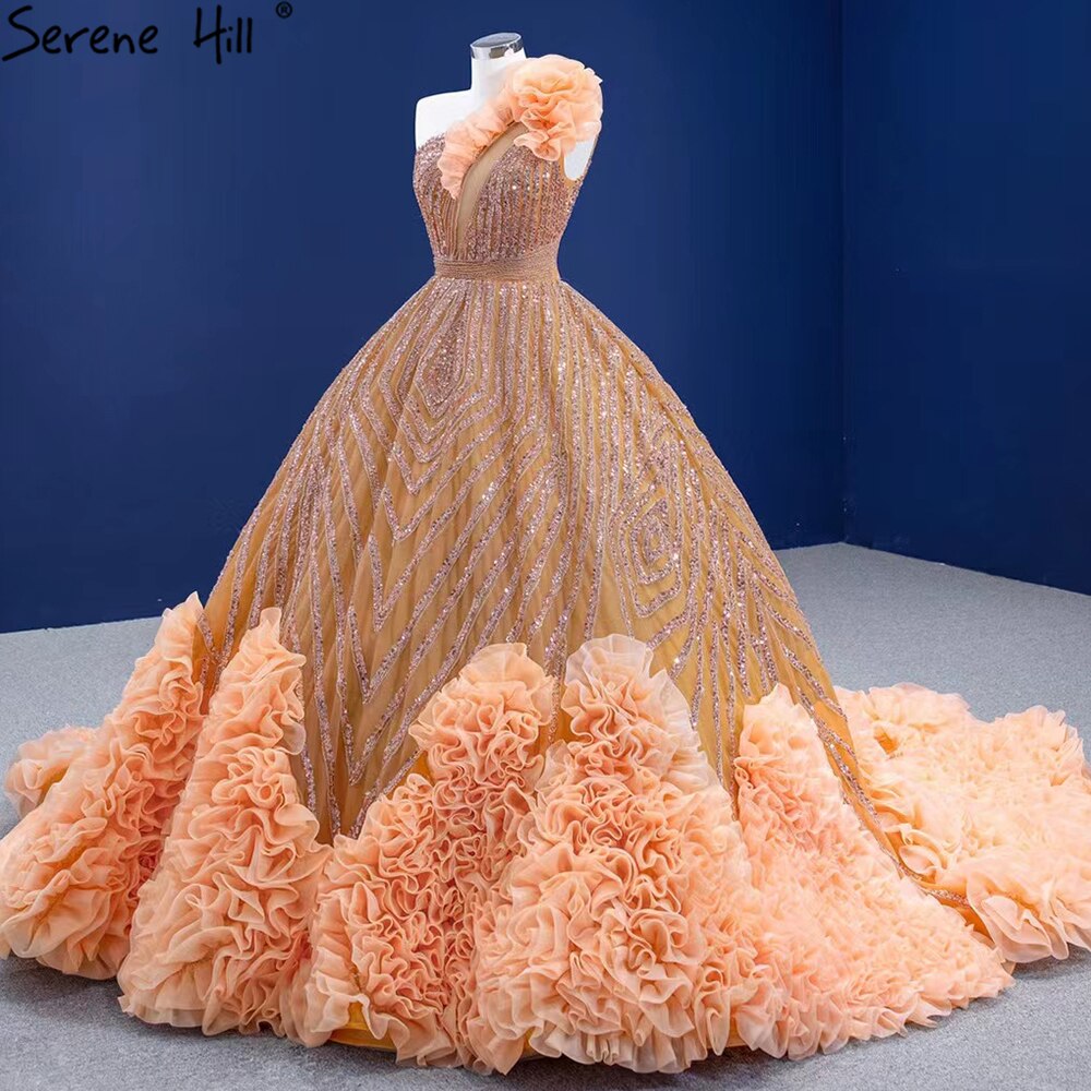 Luxury Orange One Shoulder Wedding Dresses 2025 High-end Beaded Ruched Bridal Dress HM67358 Custom Made