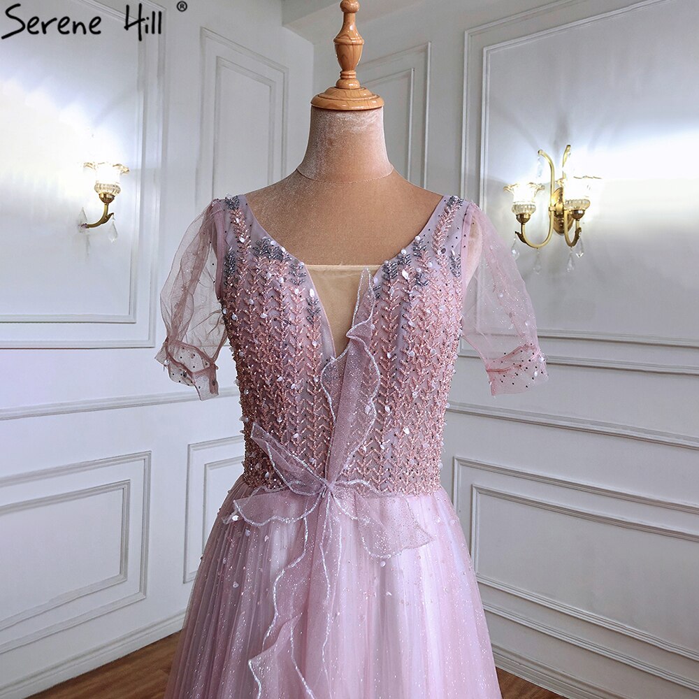 Luxury Pink A-Line Evening Dresses Gowns 2025 Beaded Short Sleeves Lace Up For Women Party LA70840