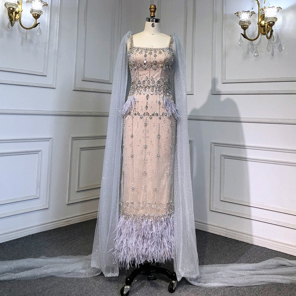 Vestido de noche árabe de sirena gris brillante con capa LA71492