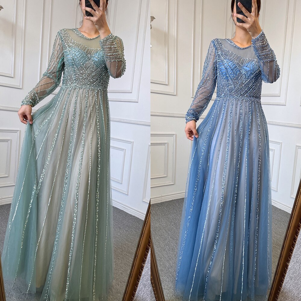 Luxury Turquoise Nude A-Line Evening Dresses Gowns Long Sleeves Beaded Elegant 2025 For Women Party LA71659