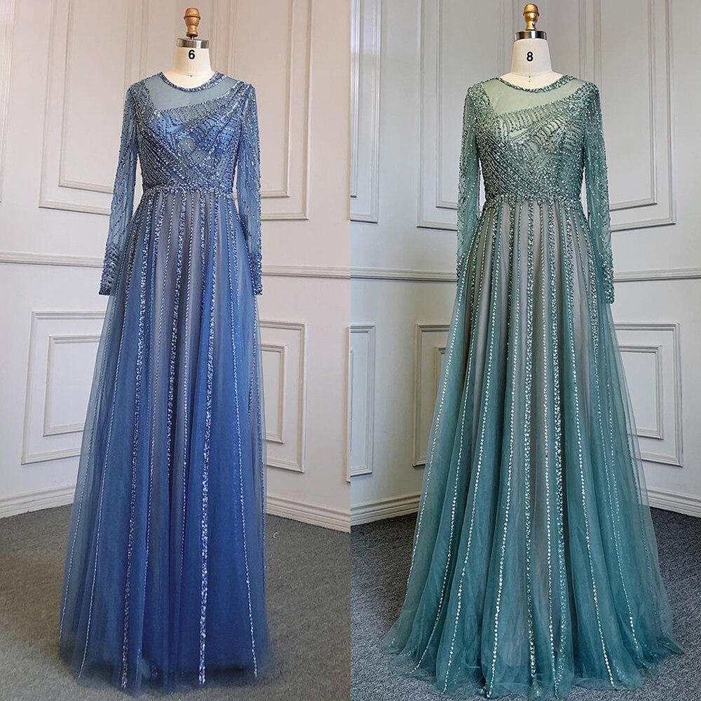 Luxury Turquoise Nude A-Line Evening Dresses Gowns Long Sleeves Beaded Elegant 2025 For Women Party LA71659