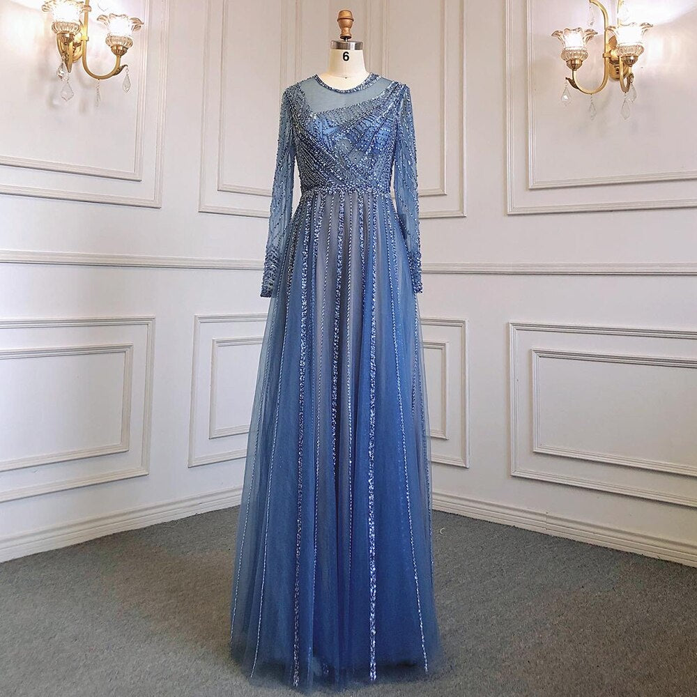 Luxury Turquoise Nude A-Line Evening Dresses Gowns Long Sleeves Beaded Elegant 2025 For Women Party LA71659