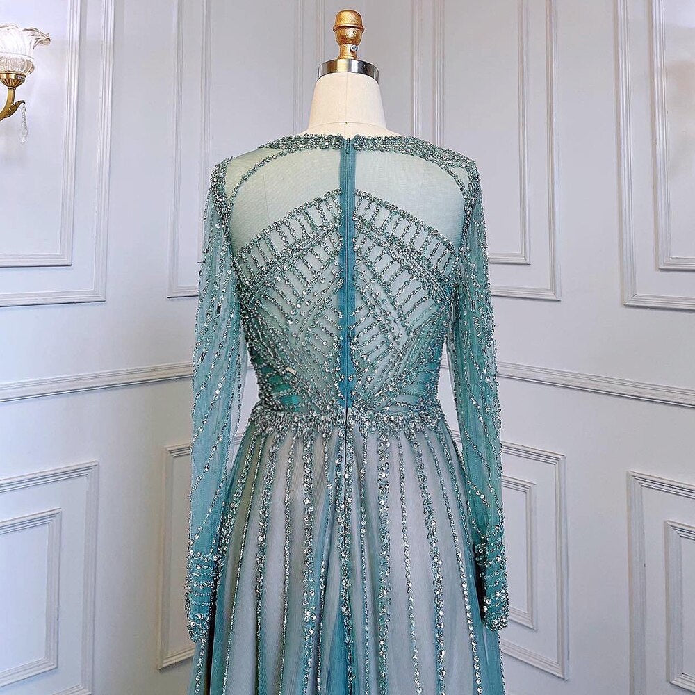 Luxury Turquoise Nude A-Line Evening Dresses Gowns Long Sleeves Beaded Elegant 2025 For Women Party LA71659