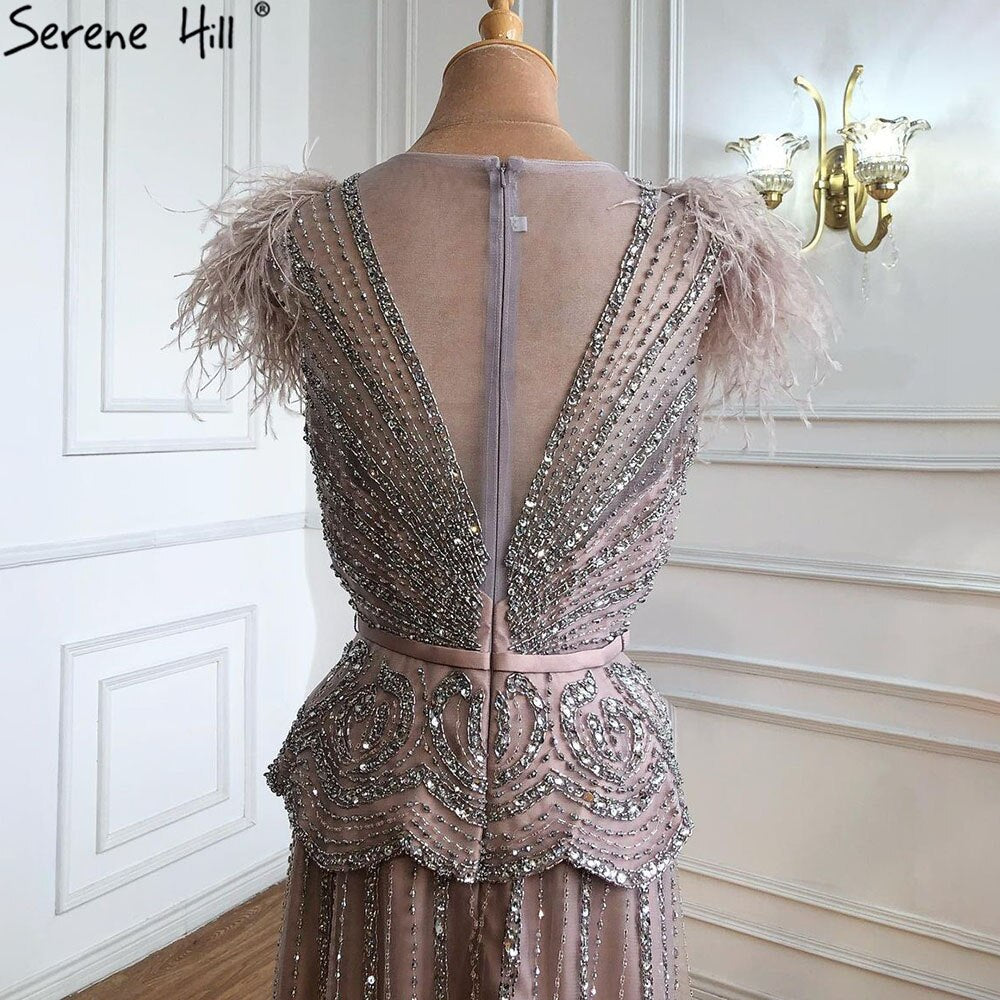 Meat Pink Luxury Evening Dresses Gowns 2025 Beading Feathers A-Line For Women Party LA70929