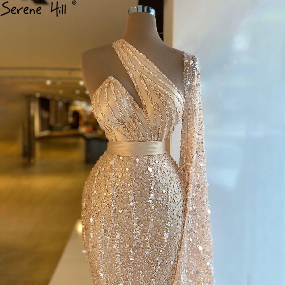 Mermaid Gold One Shoulder Evening Dresses Gowns 2025 Luxury Feather Beaded Elegant Sexy For Women Party LA71096