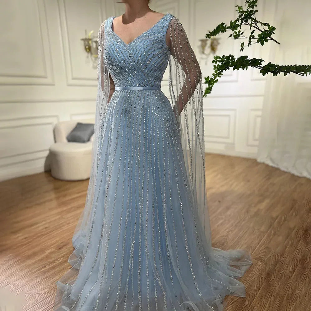 Mint Cape Sleeves A Line Beaded Luxury Dubai Evening Dresses Long 2025 Celebrity Gowns For Woman Party LA71865