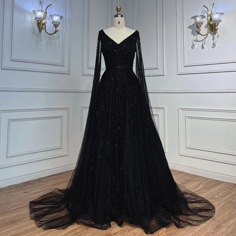 Mint Cape Sleeves A Line Beaded Luxury Dubai Evening Dresses Long 2025 Celebrity Gowns For Woman Party LA71865