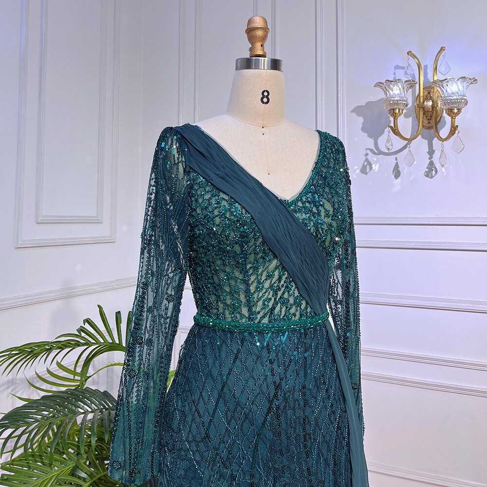 Mint Dubai Muslim Mermaid Puff Sleeves Overskirt Luxury Beaded Evening Dresses Gowns 2025 For Women Party LA72025