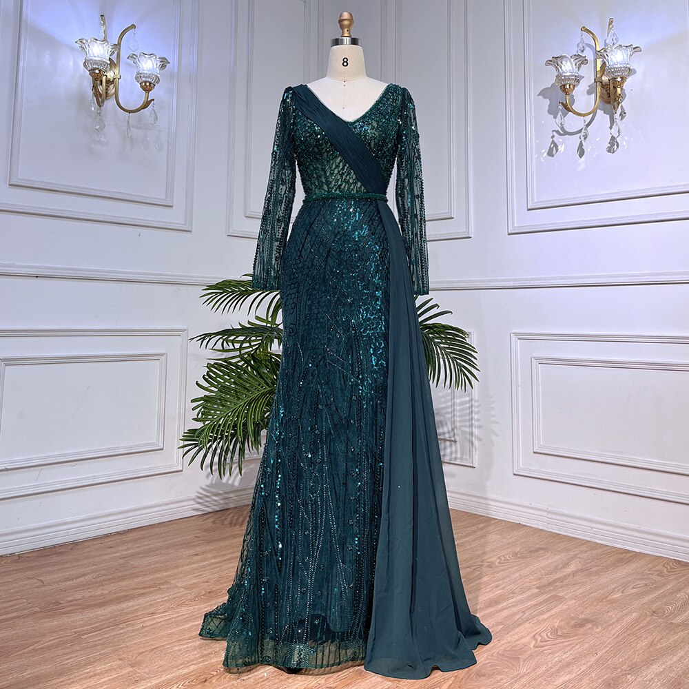 Mint Dubai Muslim Mermaid Puff Sleeves Overskirt Luxury Beaded Evening Dresses Gowns 2025 For Women Party LA72025