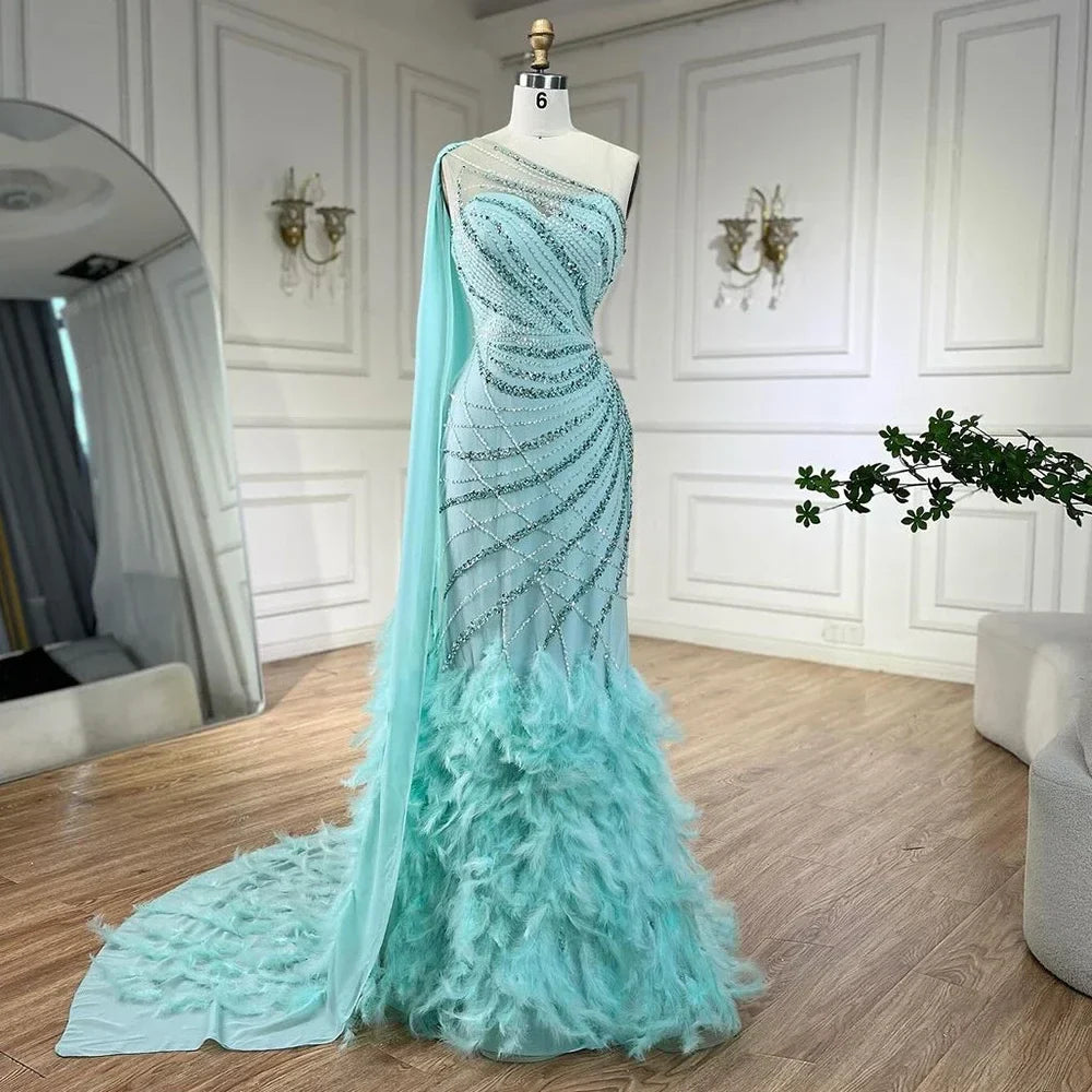 Feder Türkis Aqua One Shoulder Meerjungfrau Abendkleid mit Cape LA72399
