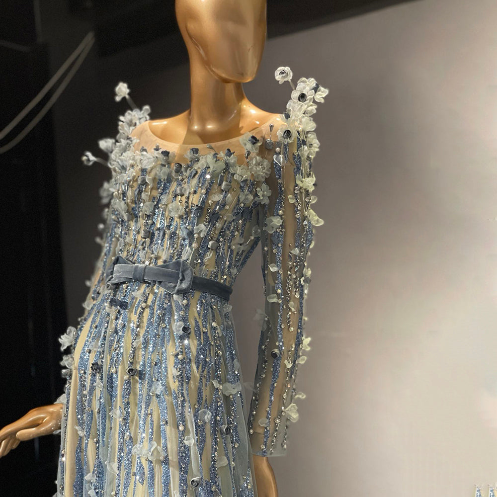 Moslim Blauw Luxe Avond Jurken 2025 Kralen A-lijn Voor Vrouwen Wedding Party LA71549