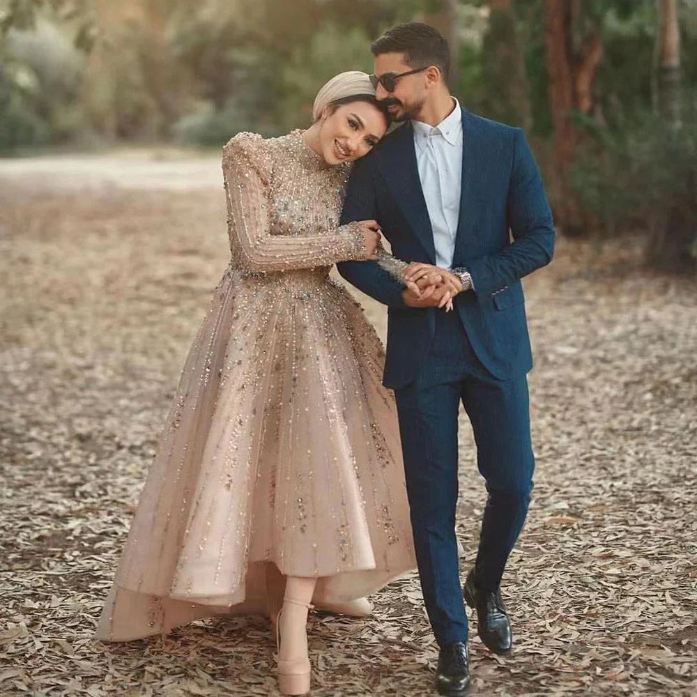 Muslim A-Line Luxury Pearls Beaded Nude Midi Ankle Length Evening Dresses Gowns Formal Woman Wedding Party LA72176