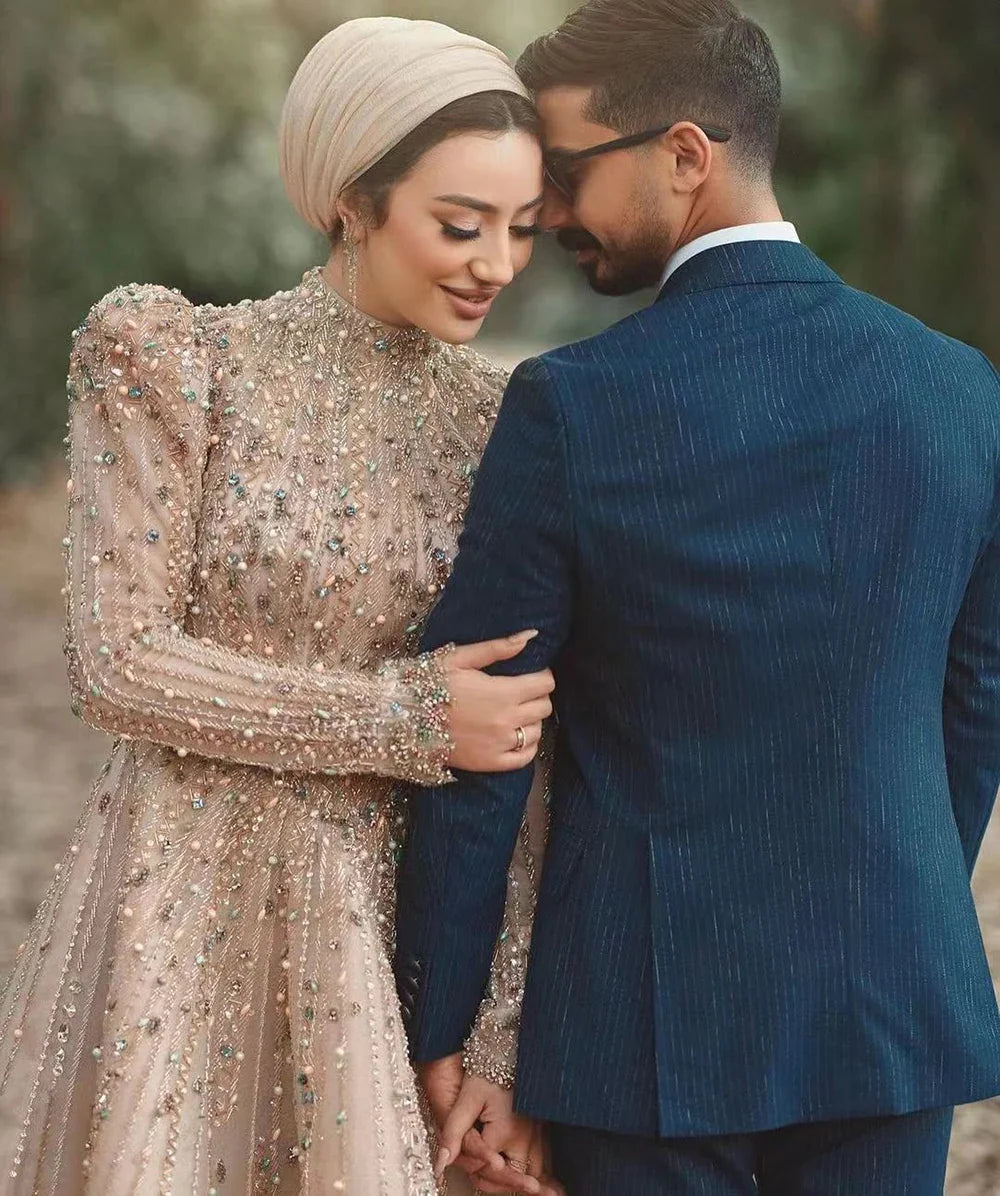 Muslim A-Line Luxury Pearls Beaded Nude Midi Ankle Length Evening Dresses Gowns Formal Woman Wedding Party LA72176