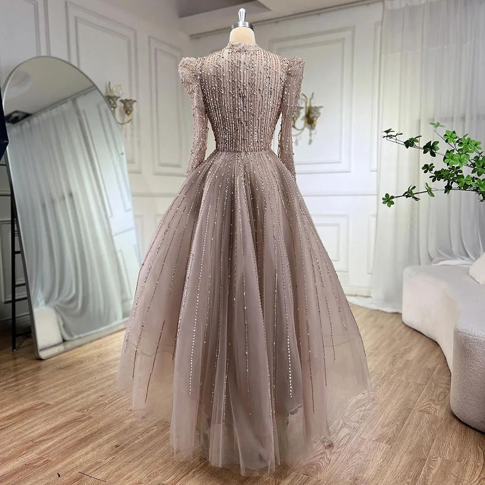 Muslim A-Line Luxury Pearls Beaded Nude Midi Ankle Length Evening Dresses Gowns Formal Woman Wedding Party LA72176